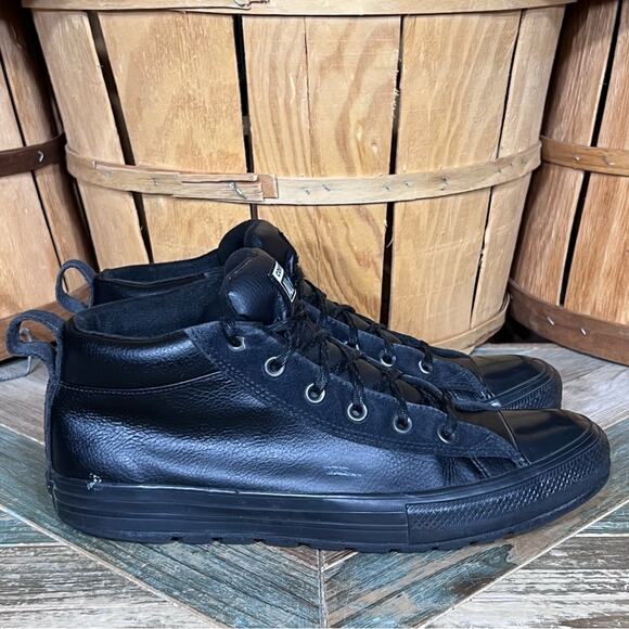 Converse CTAS Black Leather Street Mid Top Lug Sole Sneakers Shoes Mens Size 10 - Picture 1 of 11